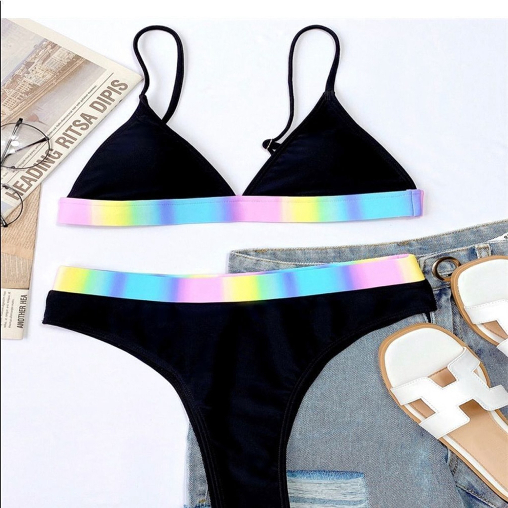 Black Bikini with Rainbow Accents and Sporty Design - Picture 3 of 6
